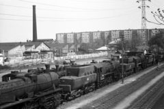 Magyarország, Budapest XIII., Budapest-Vizafogó pályaudvar, leselejtezett (korábban letétes) gőzmozdonyok., 1975, Angyalföldi Helytörténeti Gyűjtemény, gőzmozdony, MÁV, vasút, német gyártmány, légvezeték, Budapest, MÁV 520 sorozat, Fortepan #41188