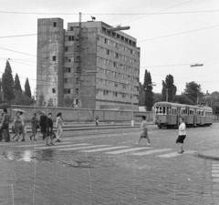 Magyarország, Budapest XIII., Lehel utca a Béke térről nézve, a Róbert Károly körúti (később Nyírő Gyula) Kórház épülete., 1976, Angyalföldi Helytörténeti Gyűjtemény, gyógyintézmény, építkezés, villamos, Budapest, gyalogátkelő, Fortepan #41234