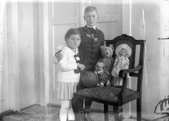 1925, Fortepan, toy doll, kids, boy, girl, teddy bear, double portrait, arm chair, leather ball, Fortepan #4146