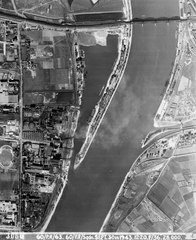 Hungary, Budapest, légifotó. Összekötő vasúti híd, Kopaszi gát, Kvassay zsilip., 1943, USAF, railway, bridge, aerial photo, Fortepan #41709