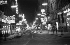 Ausztria, Bécs, a Kärntner Strasse a Philharmoniker Strasse felől nézve., 1959, MZSL/Ofner Károly, neonreklám, Kodak-márka, Cinzano-márka, Fortepan #42046