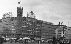 Dánia, Koppenhága, Vesterbrogade és H. C. Andersens Boulevard sarok, a Rådhuspladsen felől a Jernbanegade torkolata felé nézve., 1961, MZSL/Ofner Károly, reklám, kerékpár, forgalom, teherautó, utcakép, életkép, automobil, Fortepan #42082