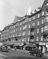 Dánia, Koppenhága, Osterbrogade a Sankt Jakobs Plads felől a Nojsomhedsvej felé nézve., 1961, MZSL/Ofner Károly, forgalom, utcakép, életkép, villamos, automobil, Skoda Octavia, mercedes w120, kerékpár, Fortepan #42086