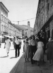 Horvátország, Dubrovnik, Stradun, a főutca a ferences kolostor és templom tornya felé nézve., 1933, MZSL/Ofner Károly, utcakép, életkép, Fortepan #42162