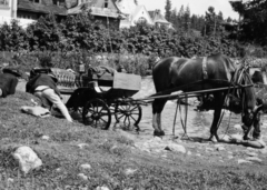 Lengyelország,Lengyel Magas-Tátra, Zakopane, 1939, MZSL/Ofner Károly, ló, hintó, fogat, népviselet, vízpart, patak, abrakostarisznya, Tátra hegység, Fortepan #42291