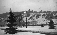 Magyarország, Tabán, Budapest I., előtérben a Rác fürdő, a Gellért-hegy oldalában a Schoch / Hegedűs - villa., 1940, Konok Tamás id, tél, hó, lámpaoszlop, Budapest, Fortepan #42490