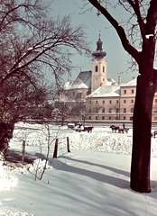 Magyarország, Győr, Radó-sziget, szemben a Karmelita templom., 1940, Konok Tamás id, tél, hó, színes, ló, lovaskocsi, barokk-stílus, Kármeliták, Fortepan #42532