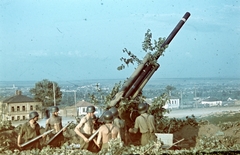 Oroszország, Sztarij Oszkol, a mai Január 9-e utca a Proletarszkaja utca felé nézve. 29M Bofors 80mm-es légvédelmi ágyú tüzelőállásban., 1942, Konok Tamás id, színes, második világháború, nyár, látkép, katona, lövedék, löveg, Fortepan #42536