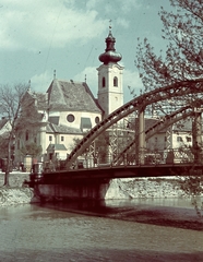 Magyarország, Győr, Kettős híd a Rába folyó felett a Bécsi kapu (Erzsébet) tér és a Radó-sziget között, háttérben a Karmelita templom., 1939, Konok Tamás id, színes, barokk-stílus, Kármeliták, Fortepan #42579