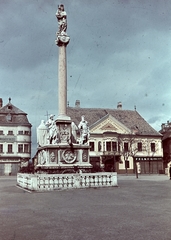 Magyarország, Győr, Széchenyi tér, Mária oszlop és az Apátúr ház., 1943, Konok Tamás id, színes, múzeum, barokk-stílus, palota, oszlop, Szűz Mária-ábrázolás, Fortepan #42613