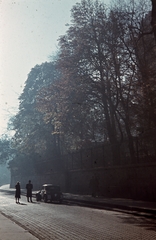 Magyarország, Víziváros, Budapest I., Donáti utca, jobbra a Toldy Ferenc Gimnázium és a park támfala., 1941, Konok Tamás id, színes, ősz, Budapest, Fortepan #42641