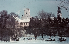 Magyarország, Győr, Püspökvár és a Székesegyház a Radó-szigetről nézve., 1940, Konok Tamás id, tél, színes, Fortepan #42700