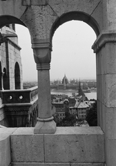 Hungary, Halászbástya, Budapest I., 1960, Konok Tamás id, Frigyes Schulek-design, Imre Steindl-design, parliament, Neo-Gothic-style, Danube, eclectic architecture, Budapest, Fortepan #42824