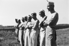 1942, Konok Tamás id, tableau, smile, half-naked, arms crossed over the chest, height chart, Fortepan #42981