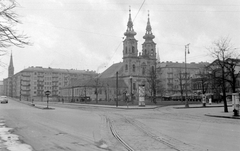 Magyarország, Budapest I., Batthyány tér, Szent Anna-templom., 1952, Fortepan, templom, óra, utcakép, villamos, hirdetőoszlop, villanyoszlop, vagon, Budapest, Fortepan #4309