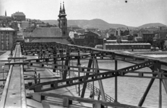 Hungary, Budapest I., Kossuth híd, szemben a Szent Anna-templom, jobbra a Batthyány téri vásárcsarnok és a metróépítés területe., 1957, UVATERV, Kossuth-bridge, church, picture, Baroque-style, Catholic Church, market hall, Budapest, Pál Klunzinger-design, Jesuits, Kristóf Hamon-design, Máté Nöpauer-design, truss bridge, Fortepan #4311