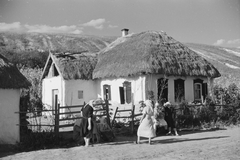 Oroszország, Koltunovka, 1942, Konok Tamás id, léckerítés, zsúptető, fejkendő, boronafal, Fortepan #43135