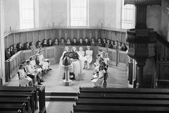 Hungary, Győr, Kossuth utcai református templom., 1960, Konok Tamás id, First Communion, pulpit, church interior, Fortepan #43257