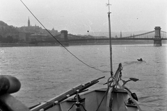 Hungary, Budapest, Széchenyi Lánchíd a Dunáról., 1960, Konok Tamás id, anchor, suspension bridge, William Tierney Clark-design, Fortepan #43357