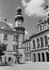 Hungary, Sopron, Fő (Ferenc József) tér, Tűztorony, balra a Storno-ház, jobbra a Városháza., 1943, Konok Tamás id, Fortepan #43408