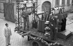 Hungary, Győr, Gyárváros, ipartelep, május 1-i felvonulás., 1947, Konok Tamás id, commercial vehicle, march, transformer, ad truck, factory, Fortepan #43543