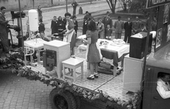 Hungary, Győr, Gyárváros, ipartelep, május 1-i felvonulás., 1947, Konok Tamás id, commercial vehicle, street view, furniture, heavzy industry, 1st of May parade, fireplace, kitchen, refrigerator, vacuum cleaner, boiler, ad truck, Fortepan #43560