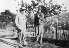 1930, Vojnich Pál, sunshades, picture, grape, man, woman, hillside, walking cane, double portrait, Fortepan #43831