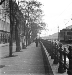 Magyarország, Budapest V., Dunakorzó a Széchenyi Lánchíd felől az Erzsébet híd felé nézve., 1942, Ludovika, korlát, villamos, Budapest, Fortepan #44021