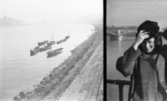 Magyarország, Budapest II., budai alsó rakpart a Bem József (Pálffy) tér környékén a Széchenyi Lánchíd felé nézve (balra), a Margit híd felé nézve (jobbra)., 1942, Ludovika, csónak, nő, rakpart, rontott fotó, Budapest, sapkát fogni, Fortepan #44028