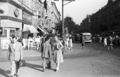 Magyarország, Budapest V.,Budapest XIII., Szent István körút a Jászai Mari tér felől nézve., 1959, Fortepan, autóbusz, cégtábla, járókelő, MÁVAG-márka, villamosmegálló, MÁVAG Tr5, Budapest, Fortepan #44054