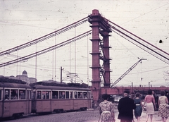 Magyarország, Budapest V., Március 15. tér, szemben az épülő Erzsébet híd pesti hídfője., 1964, Fortepan, színes, építkezés, villamos, hídépítés, Ganz-márka, Ganz UV, Ganz TM, Budapest, függőhíd, Duna-híd, Sávoly Pál-terv, Fortepan #44099