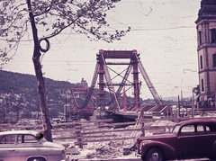 Magyarország, Budapest V., Március 15. tér, szemben az épülő Erzsébet híd., 1964, Fortepan, színes, építkezés, hídépítés, automobil, Skoda 1101/1102 Tudor, Skoda Octavia, Budapest, Fortepan #44100