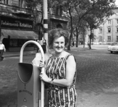 Magyarország, Budapest XIII., Gogol utca, háttérben a Váci úton a mára lebontott Lipót telefonközpont., 1968, Gyöngyi, portré, buszmegálló, üzletportál, kockakő, retikül, szemetes, kötöttáru, Budapest, Fortepan #44246