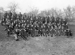 Hungary, Solymár, leventék., 1935, Korenchy László, tableau, weapon, horn, youth military organisation, Fortepan #44410