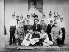 Hungary, Solymár, Levente Egylet., 1930, Korenchy László, uniform, musical instrument, flag, yard, tableau, men, musician, cap, boys, youth military organisation, crest, feather, Fortepan #44412