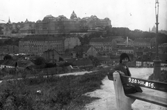 Hungary, Budapest I., kilátás a Tabánra és a Királyi Palotára (később Budavári Palota)., 1930, Fortepan, portrait, street furniture, label, picture, woman, palace, bench, Budapest, prop up on elbows, Fortepan #44485