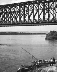 Magyarország, Budapest XIII., Népsziget, Újpesti vasúti híd. Jobbra a Palotai sziget csúcsa, szemben a Római part., 1955, Korenchy László, vasút, híd, Budapest, Duna, csónak, sziget, Fortepan #44598