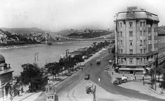 Magyarország, Budapest V., Fővám tér a Belgrád (Ferenc József) rakpart felé nézve., 1935, Jurányi Attila, híd, forgalom, cégtábla, lovaskocsi, teherautó, utcakép, villamos, fogat, látkép, locsolóautó, Duna, eklektikus építészet, Budapest, függőhíd, Duna-híd, Kherndl Antal-terv, Czekelius Aurél-terv, viszonylatszám, köztisztasági vállalat, Rába-Krupp, Fortepan #44838