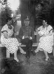 1930, Kövendy Katalin, fashion, uniform, tableau, women, summer, man, bench, leg over leg, Fortepan #44850