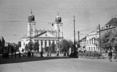 Magyarország, Debrecen, Kossuth tér, Református Nagytemplom., 1958, Mészáros Zoltán, utcakép, életkép, klasszicizmus, timpanon, Rabl Károly-terv, Péchy Mihály-terv, Fortepan #44953