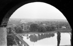 Magyarország, Sárospatak, kilátás a Vörös-toronyból a Bodrogra és az ideiglenes fahídra., 1958, Mészáros Zoltán, folyó, boltív, Fortepan #44979