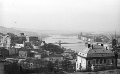 Hungary, Budapest I., panoráma a budai Várral és a Dunával., 1955, Krasznai Gyula, Danube, Budapest, suspension bridge, William Tierney Clark-design, Fortepan #45761