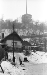 Hungary, Miskolc, Toronyalja utca, háttérben a kilátó., 1963, Mészáros Zoltán, sledge, lookout, Fortepan #46424