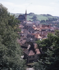 Csehország, Český Krumlov, 1966, Gwen Jones, Csehszlovákia, templom, színes, látkép, Fortepan #46909