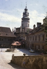 Csehország, Český Krumlov, 1966, Gwen Jones, Csehszlovákia, templom, színes, utcakép, Fortepan #46910