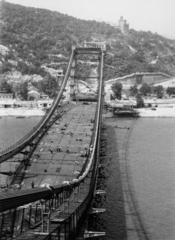 Magyarország, Budapest, az Erzsébet híd építése a pesti hídfőtől a budai hídfő felé nézve., 1964, Szinnay Gábor, hídépítés, Duna, Sávoly Pál-terv, Fortepan #47429