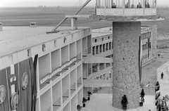 Hungary, Ferihegy (now - Ferenc Liszt) International Airport, Budapest XVIII., a repülőtér átadásakor., 1950, Fortepan, political decoration, Mátyás Rákosi-portrayal, Joseph Stalin portrayal, Budapest, control tower, Károly Dávid-design, Fortepan #4958