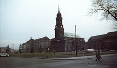 Németország, Drezda, Altmarkt, középen a Kreuzkirche., 1965, Nagy Gyula, templom, színes, autóbusz, utcakép, NDK, Fortepan #50435