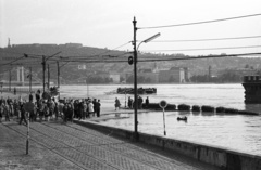 Magyarország, Budapest V., pesti alsó rakpart árvíz idején az Eötvös térnél, háttérben a Gellért-hegy., 1965, Nagy Gyula, tömeg, árvíz, Budapest, Fortepan #50479