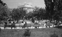 Hungary, Kecskemét, Szabadság tér, háttérben a Cifra-palota., 1963, Nagy Gyula, street furniture, Secession, bench, Géza Márkus-design, Fortepan #50577